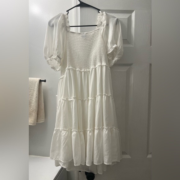 White Smocked Tiered Puff Sleeve Dress - Picture 6 of 6